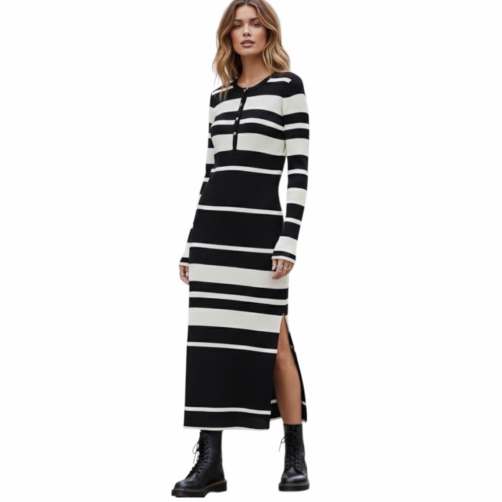 Free People We the Free Black and White Striped Side Slits Midi Dress Size S